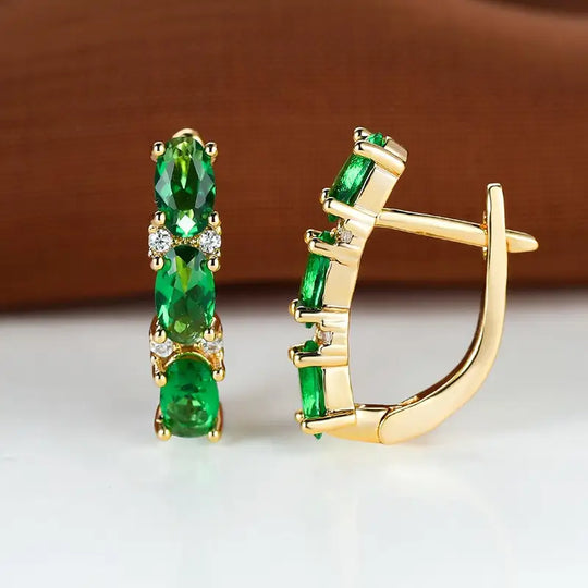 Gold Emerald Vertical Hoop Earrings