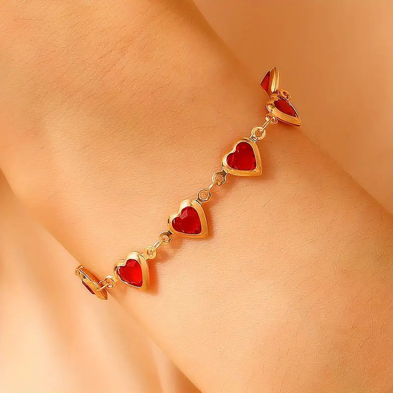 Gold Ruby Heart Chain Bracelet
