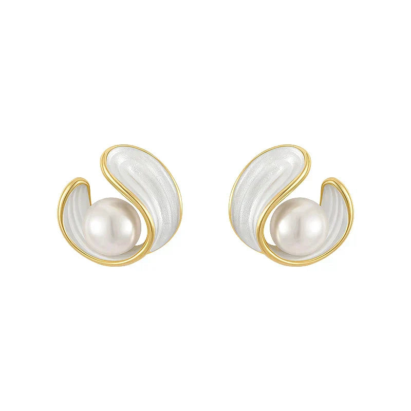 Gold Swirl Pearl Stud Earrings