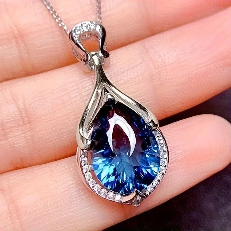 Silver Sapphire Teardrop Necklace
