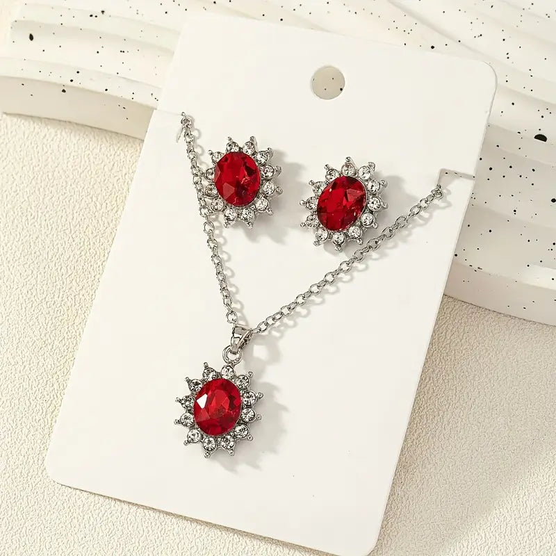 Silver Ruby Floral Jewelry Set