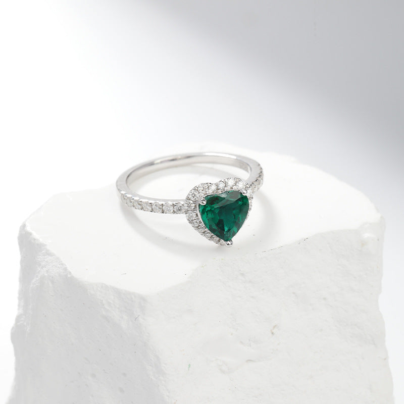 Silver Emerald Heart Halo Ring