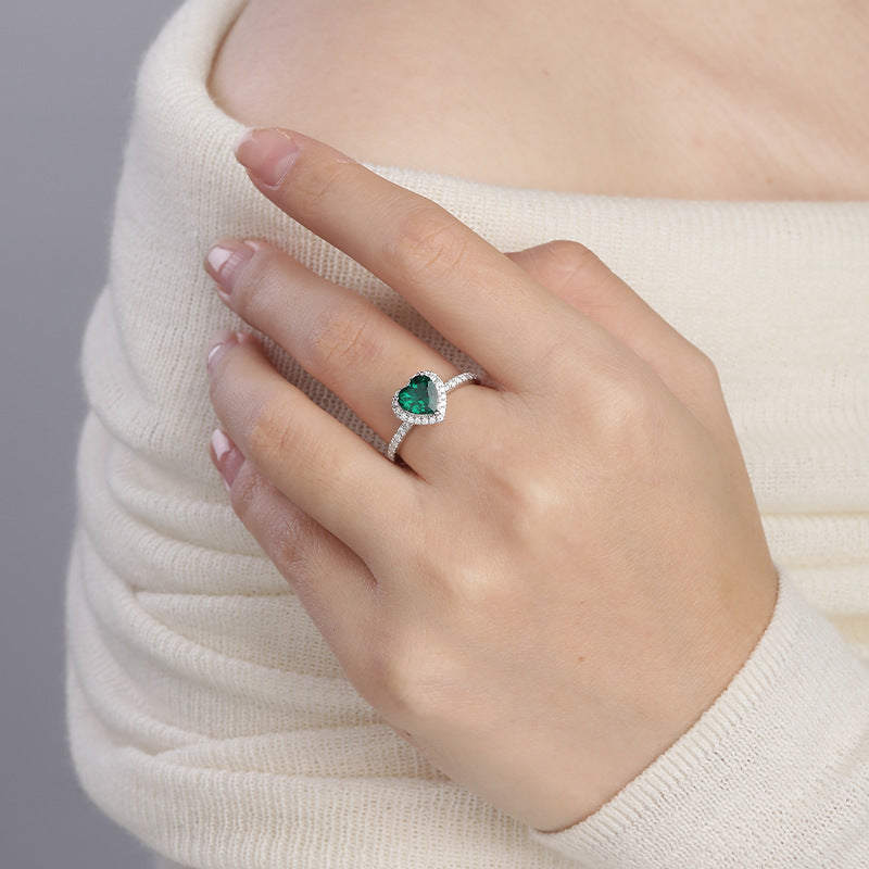 Silver Emerald Heart Halo Ring