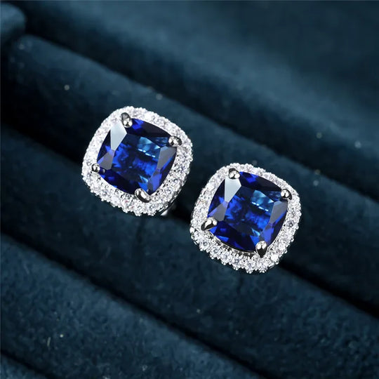 Silver Sapphire Halo Stud Earrings