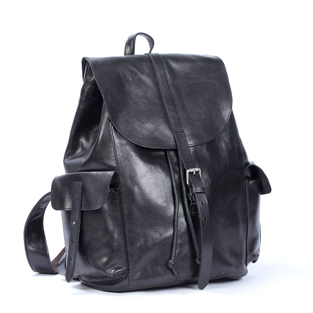 Cael | Black Leather Backpack with Drawstring Closure