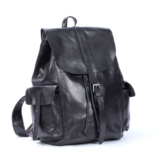 Cael | Black Leather Backpack with Drawstring Closure