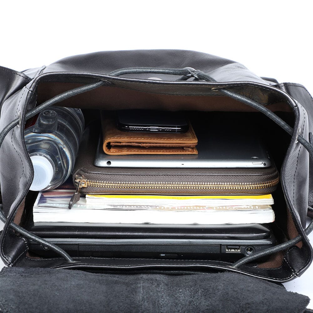 Cael | Black Leather Backpack with Drawstring Closure