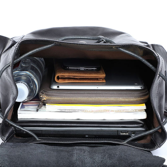 Cael | Black Leather Backpack with Drawstring Closure