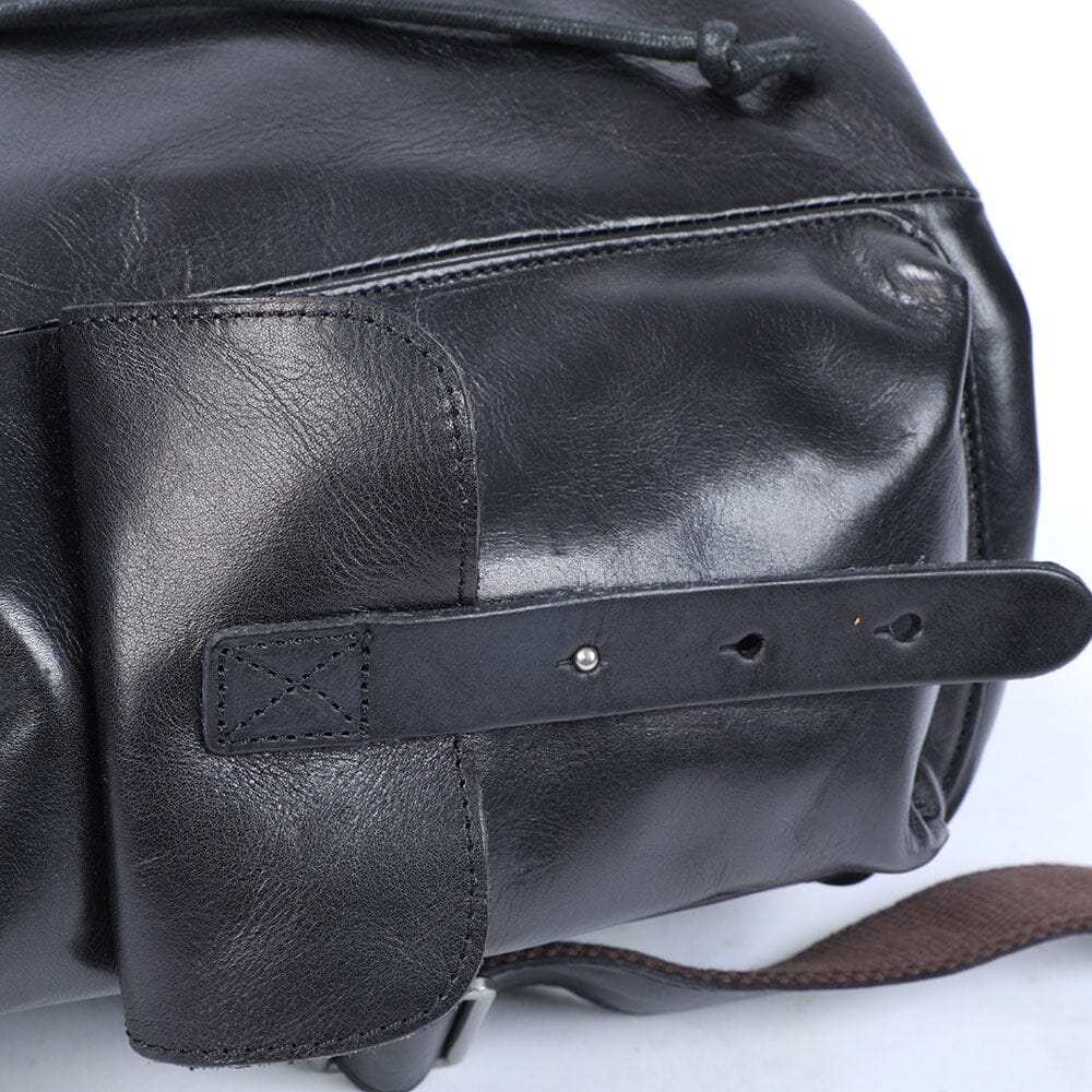 Cael | Black Leather Backpack with Drawstring Closure