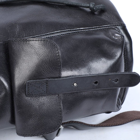 Cael | Black Leather Backpack with Drawstring Closure