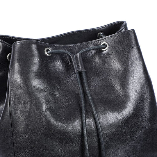Cael | Black Leather Backpack with Drawstring Closure