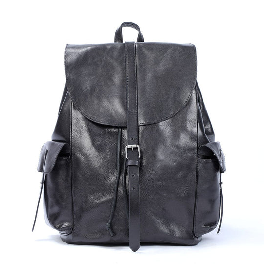 Cael | Black Leather Backpack with Drawstring Closure