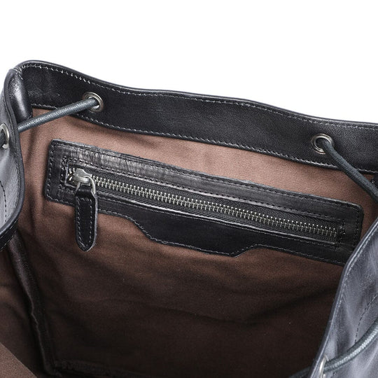 Cael | Black Leather Backpack with Drawstring Closure