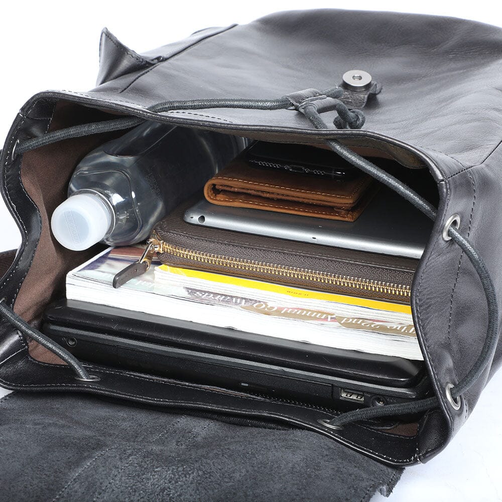 Cael | Black Leather Backpack with Drawstring Closure