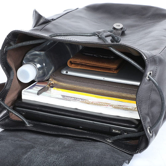 Cael | Black Leather Backpack with Drawstring Closure