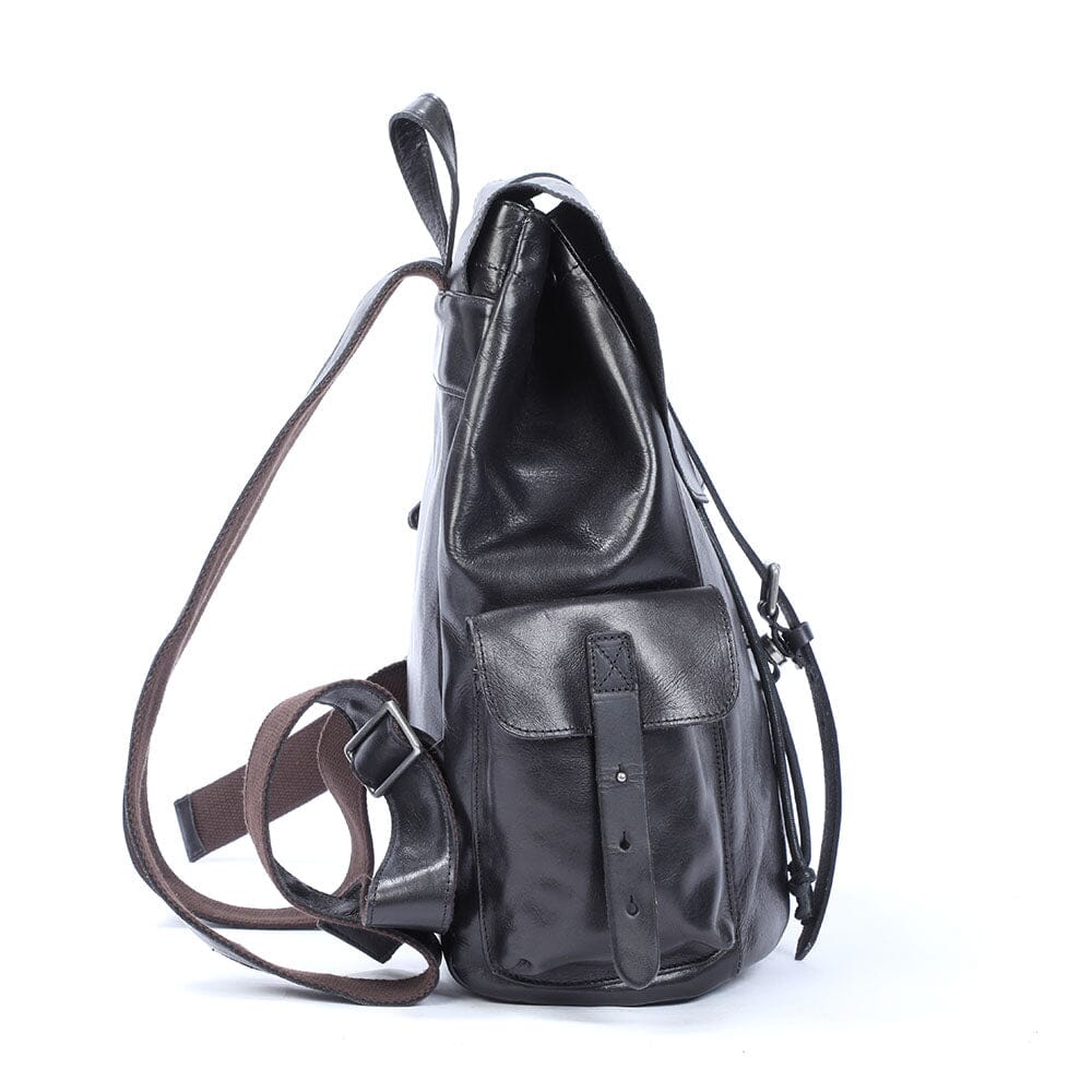 Cael | Black Leather Backpack with Drawstring Closure